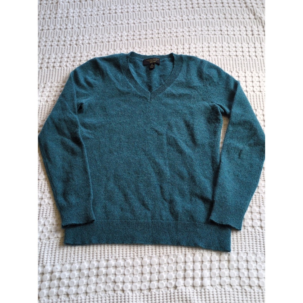 Charter Club Cashmere V Neck Teal Sweater Size Small Petite Pullover Long Sleeve